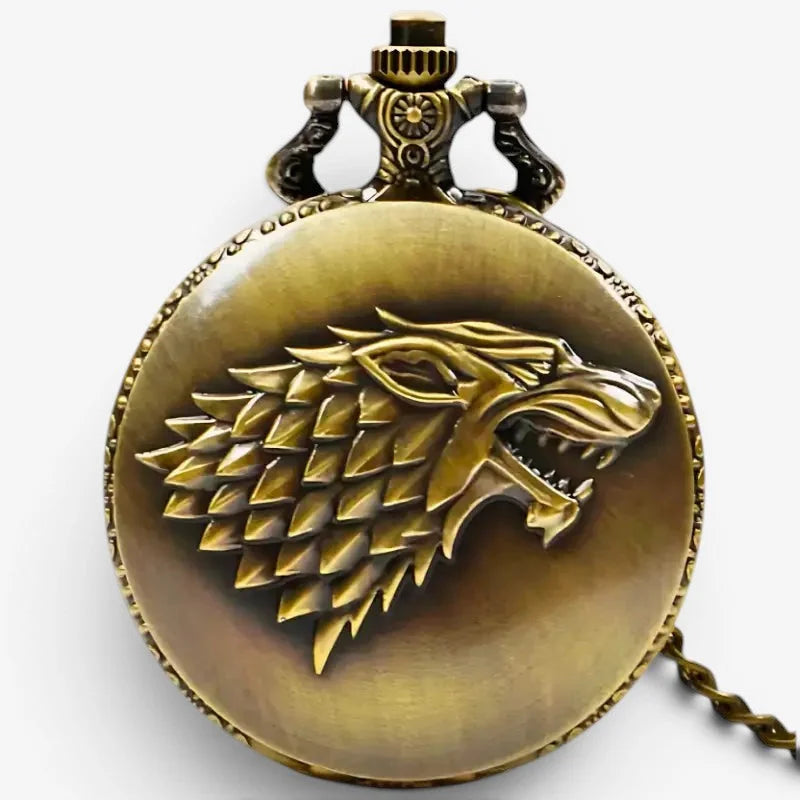Antique brass-colored Game of Thrones pocket watch with a raised detailed wolf head emblem and spiked mane
