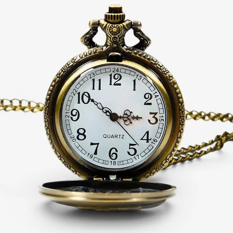 Antique brass-finished game of thrones pocket watch with white dial black arabic numerals and ornate crown design