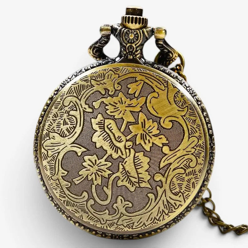 Antique-style brass game of thrones pocket watch with intricate floral engravings and decorative chain