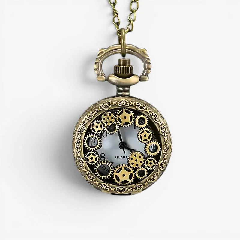 Antique brass gear necklace pocket watch with visible gears and attached chain