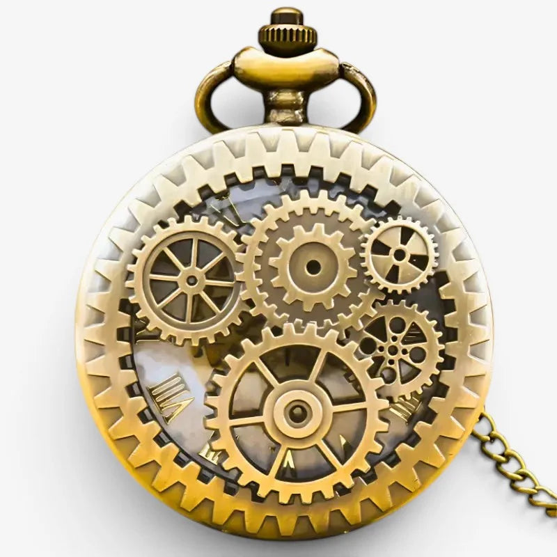 Antique brass gear pocket watch with intricate visible gearwork through its transparent face for vintage style use
