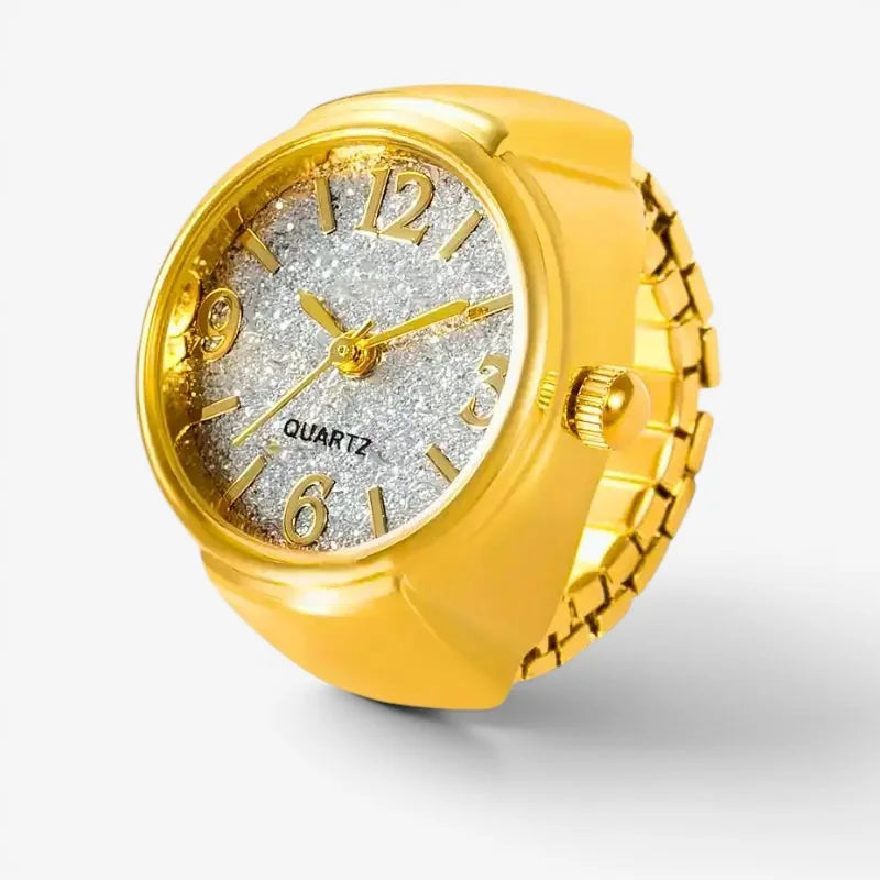 Gold-colored quartz Glitter ring watch with a sparkling silver dial and gold numerals for stylish timekeeping