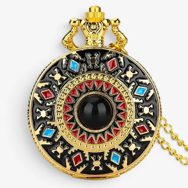 Gold mosaic necklace watch featuring a gold-toned pocket watch with black red and blue enamel geometric patterns