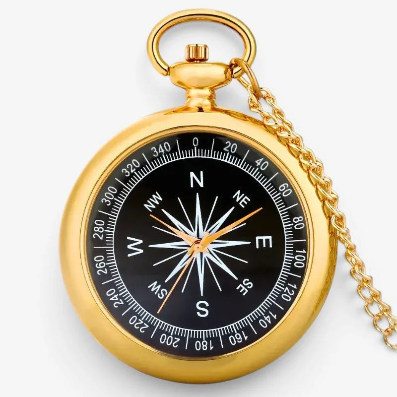 Gold open compass pocket watch with a gold-colored case black face white directional markings and degree scale