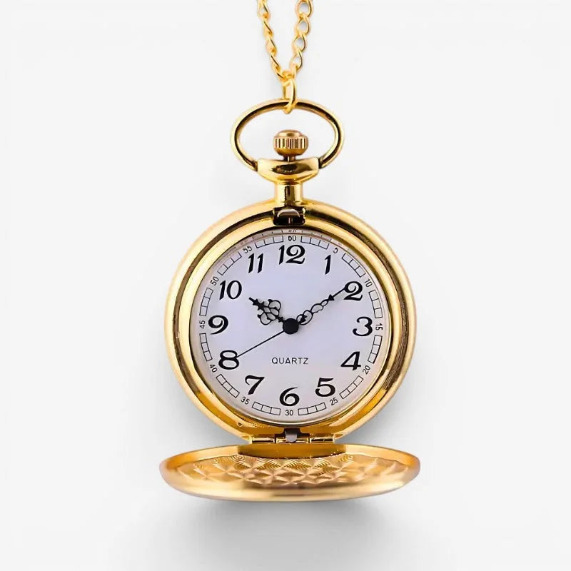 Gold pocket watch pendant with white face black arabic numerals hands and a chain for wearing