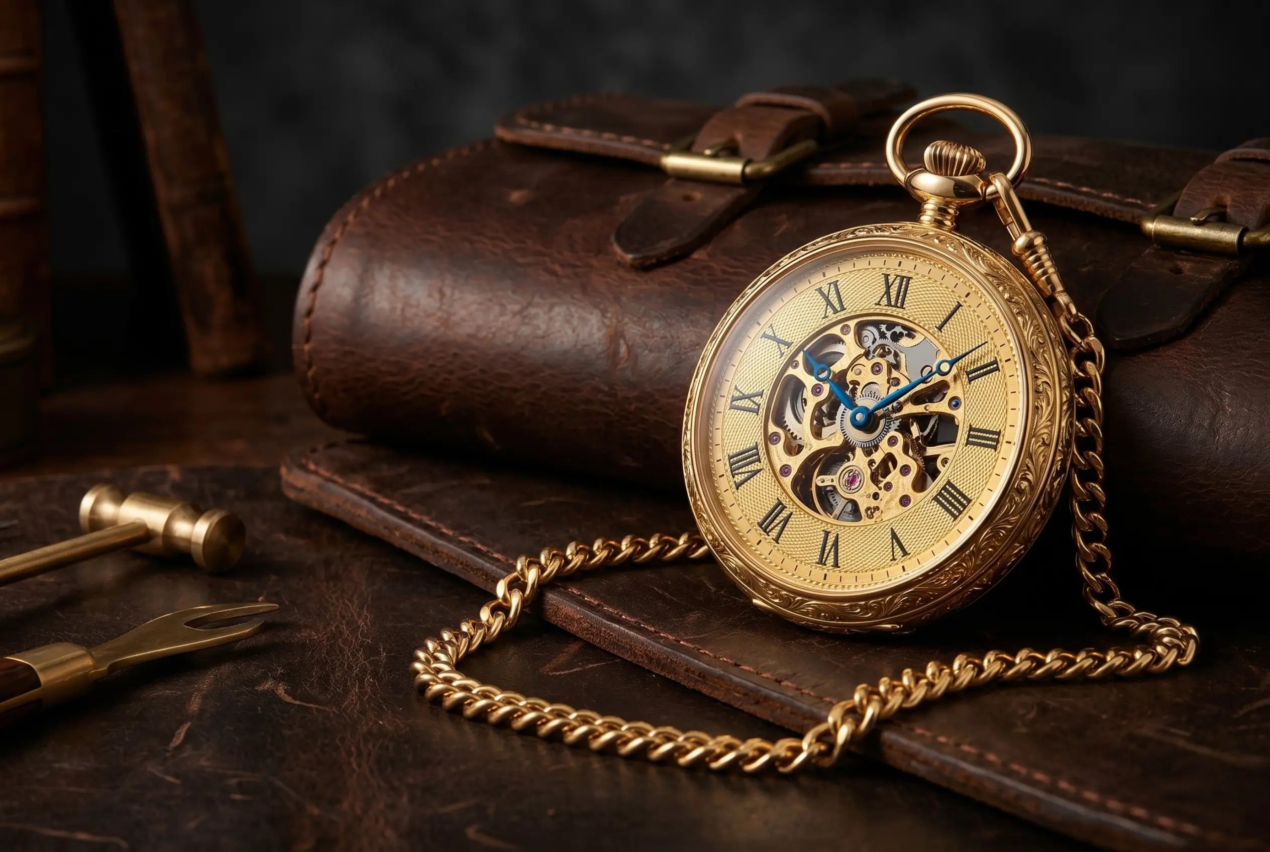 Gold skeleton pocket watch with a matching chain, revealing its internal mechanical gears, resting on a brown leather bag.