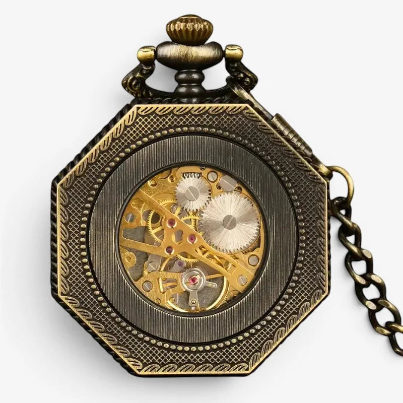 Gold steampunk pocket watch featuring an antique brass octagonal case with exposed golden gears and decorative chain