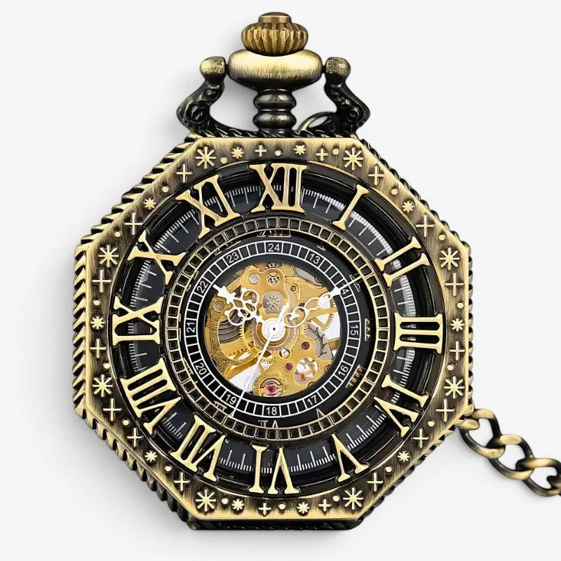 Gold steampunk brass pocket watch with roman numerals and exposed mechanical gears in antique style