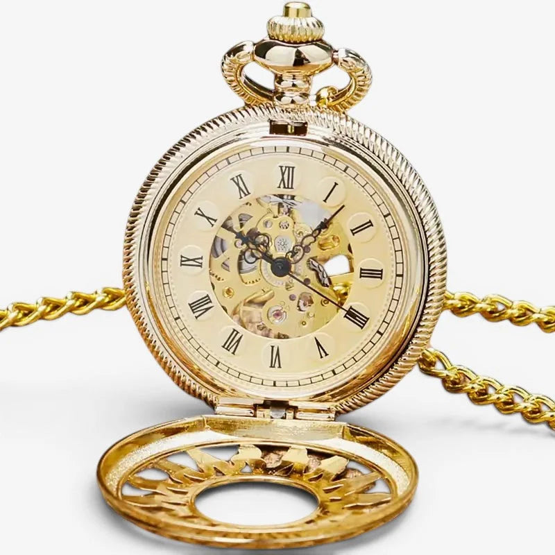 Gold sun pocket watch featuring gold-toned casing with roman numerals and visible internal gears on a matching chain