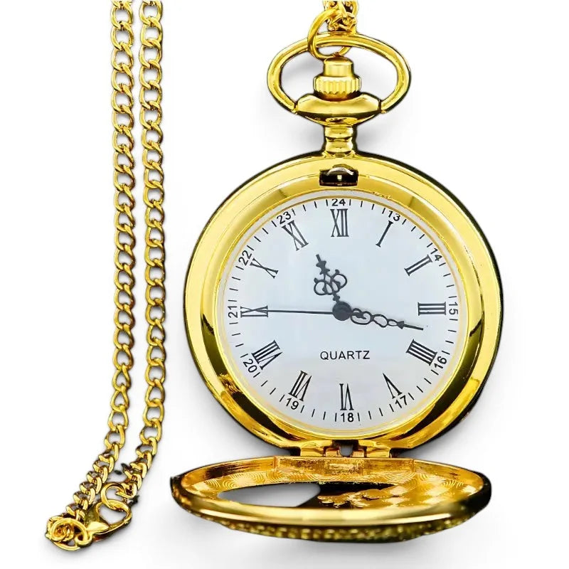 Golden dragon pocket watch with gold color, white face, roman numerals, and matching chain for elegant timekeeping