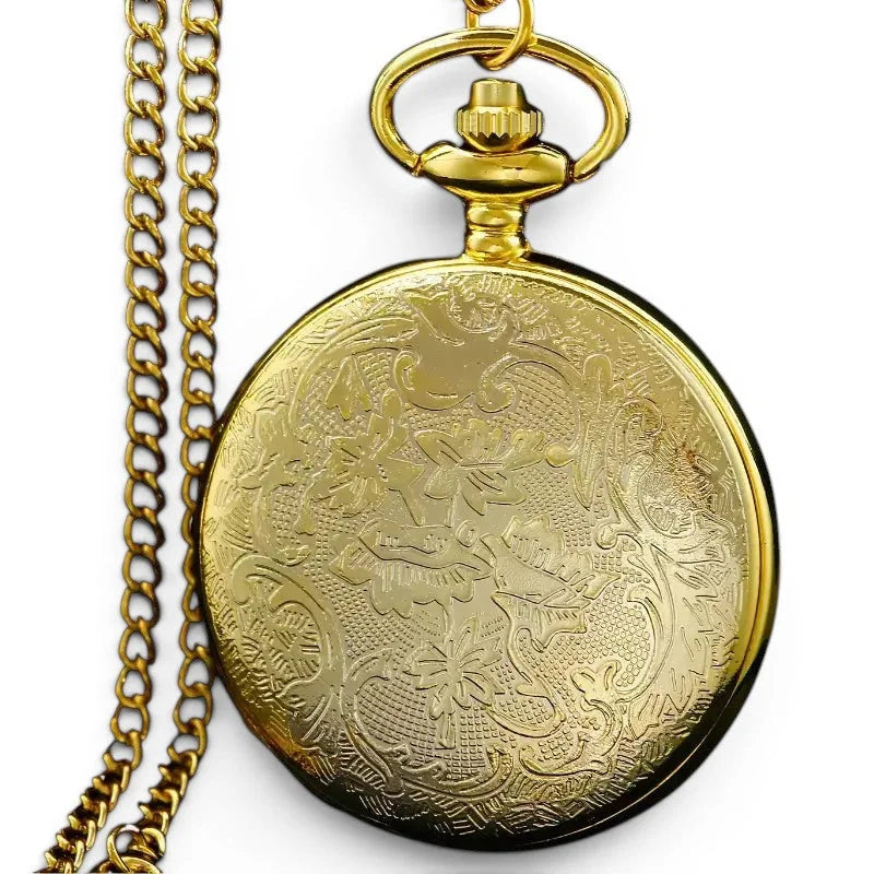Golden dragon pocket watch with intricate floral engraving in gold and matching chain for elegant timekeeping