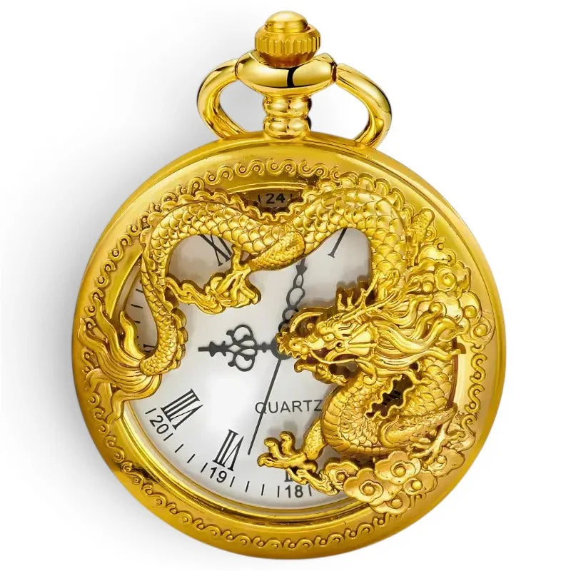 Golden dragon pocket watch with intricate dragon design roman numerals and quartz movement in gold finish