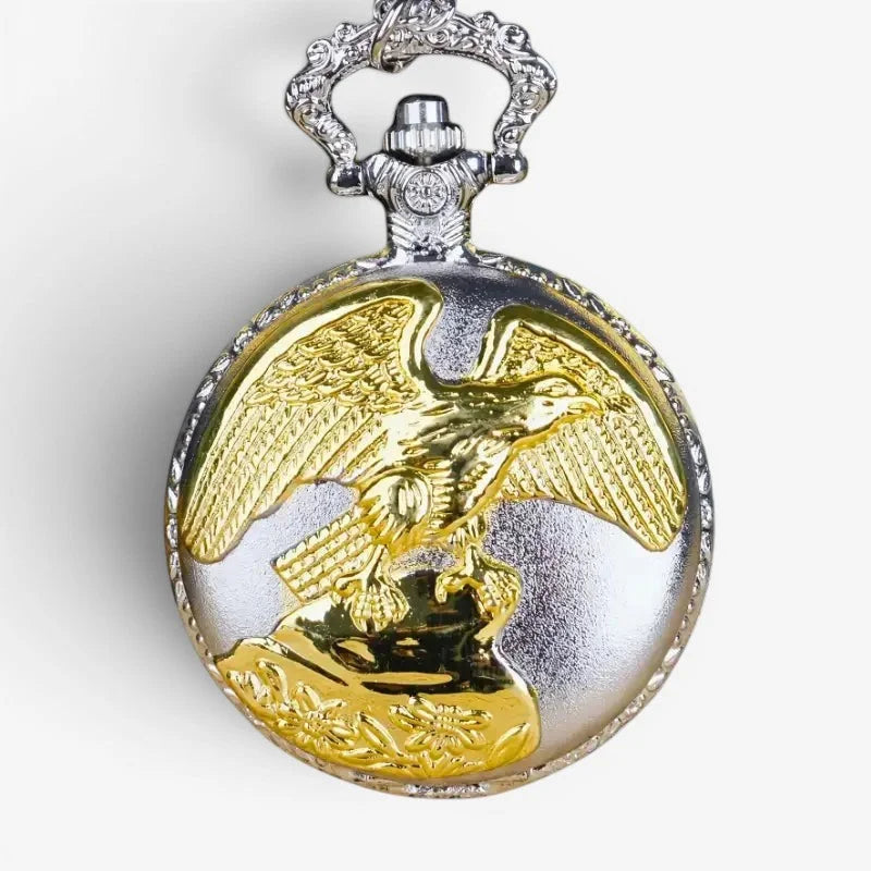 Golden eagle pocket watch silver and gold two-tone with engraved eagle and ornate floral detailing on circular face
