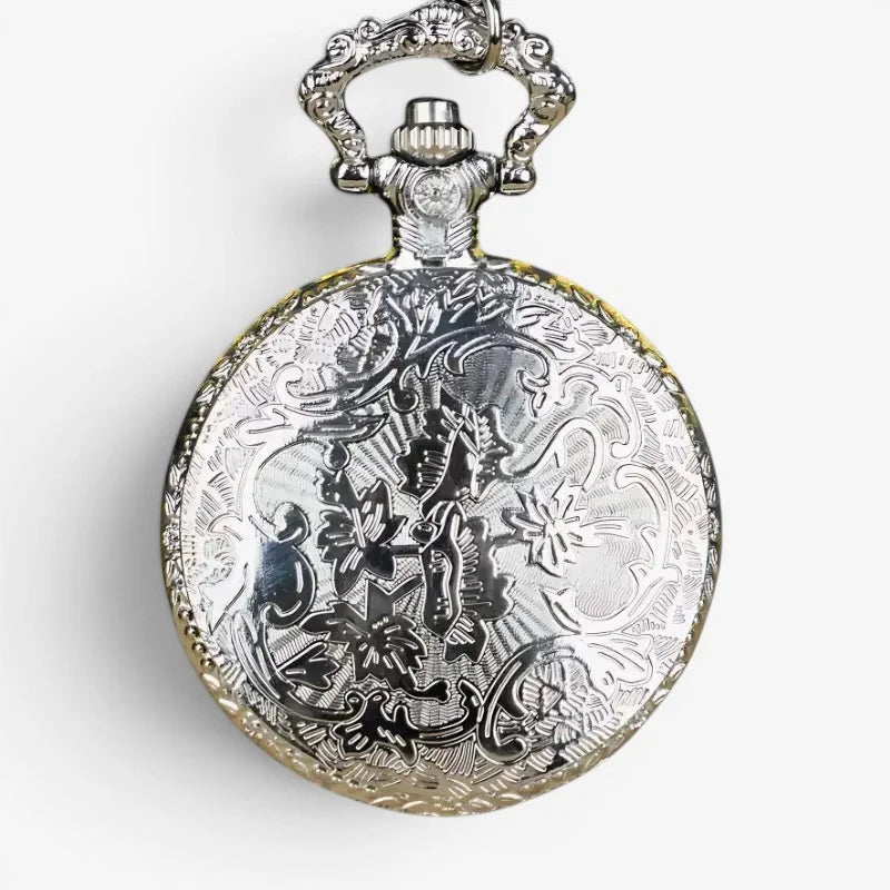 Golden Eagle pocket watch silver ornate design with intricate floral and scrollwork engraving and decorative crown bail