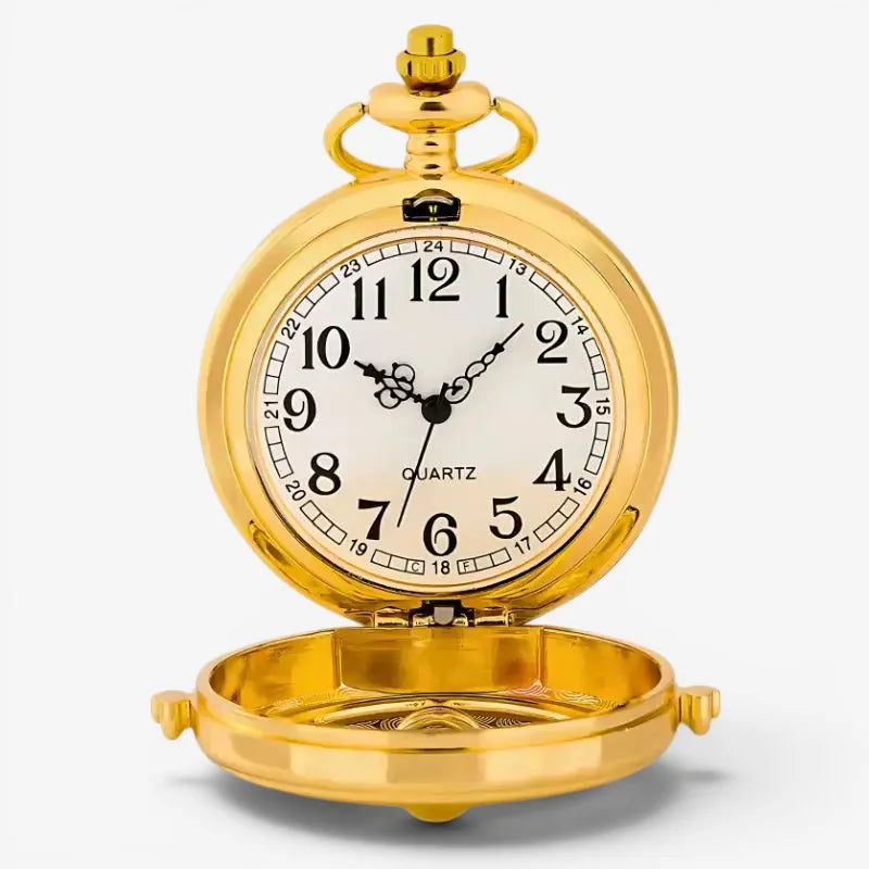 Golden hourglass pocket watch with gold color, white face, black numerals and hands, quartz movement