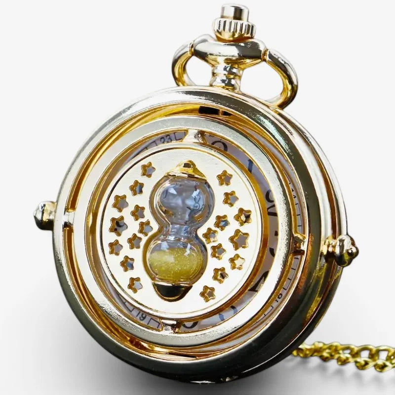 Golden hourglass pocket watch with a gold casing featuring star-shaped cutouts and a visible hourglass mechanism