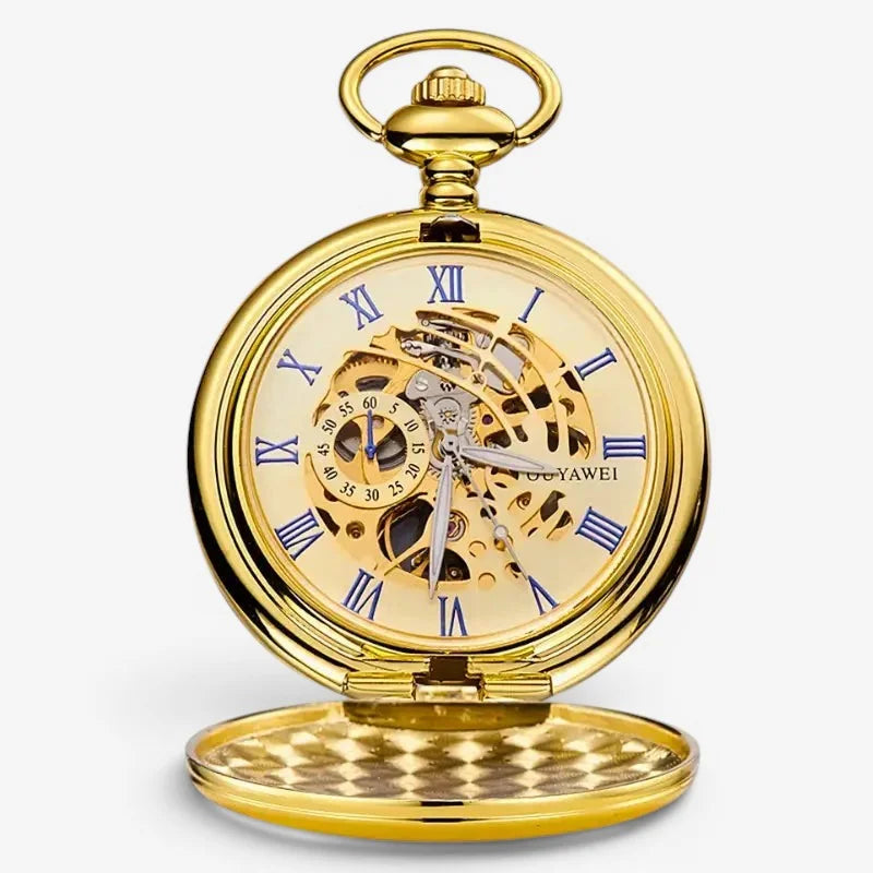 Golden mechanical pocket watch with skeleton design roman numerals and exposed gears in gold metal casing