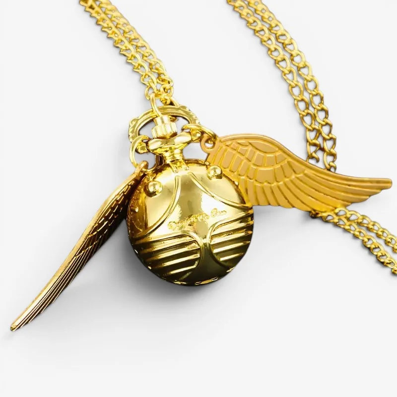 Golden Snitch pocket watch pendant in gold with wing design on matching chain for stylish timekeeping accessory