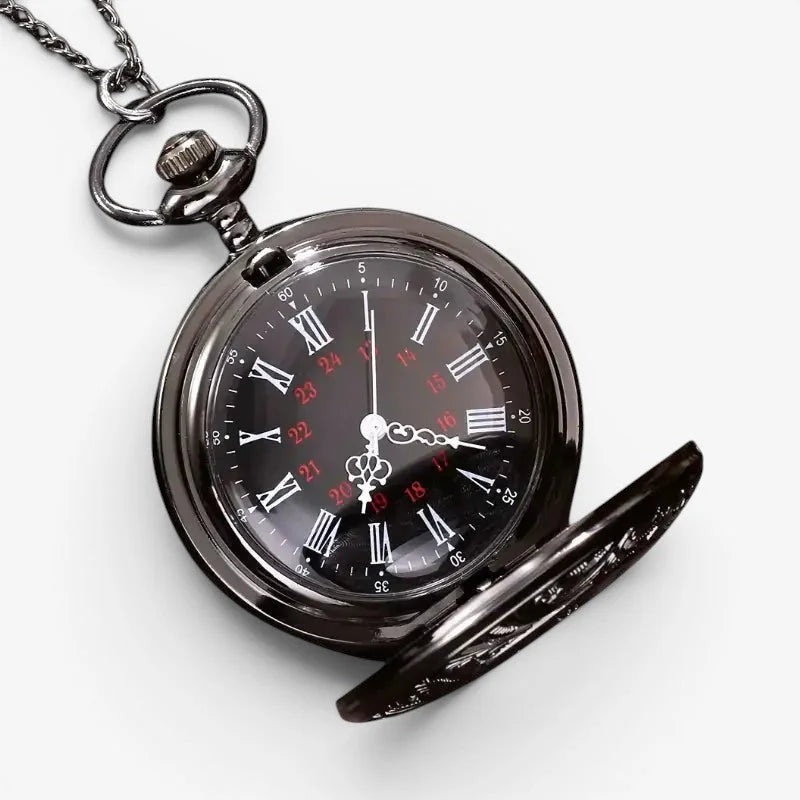 Black gothic pocket watch with antique style roman numerals red minute markers and silver-toned chain