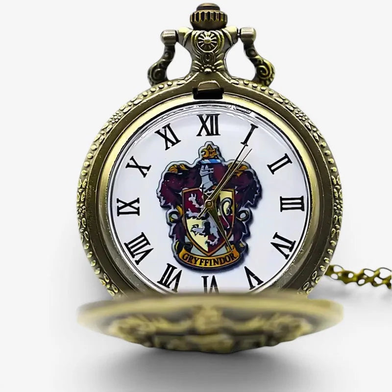 Antique brass-finished gryffindor pocket watch with roman numerals and gryffindor crest on white face