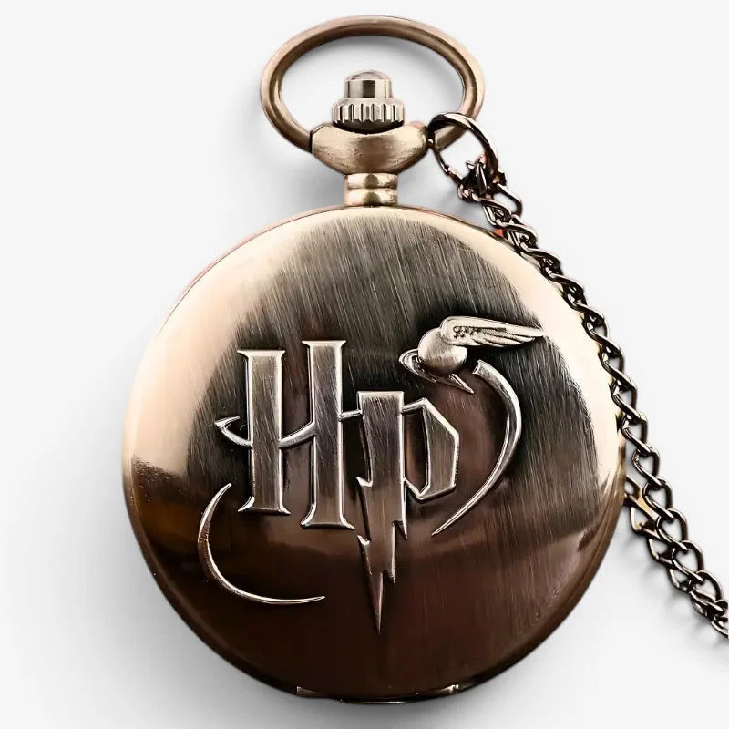 Antique brass-finished harry potter pocket watch with engraved logo and silver-toned winged key charm