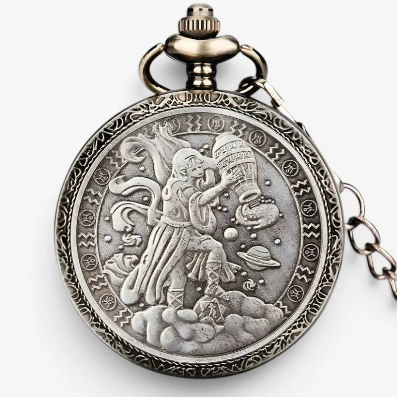 Antique silver-toned horoscope pocket watch with intricate engraved mythological figure and zodiac signs on the back side
