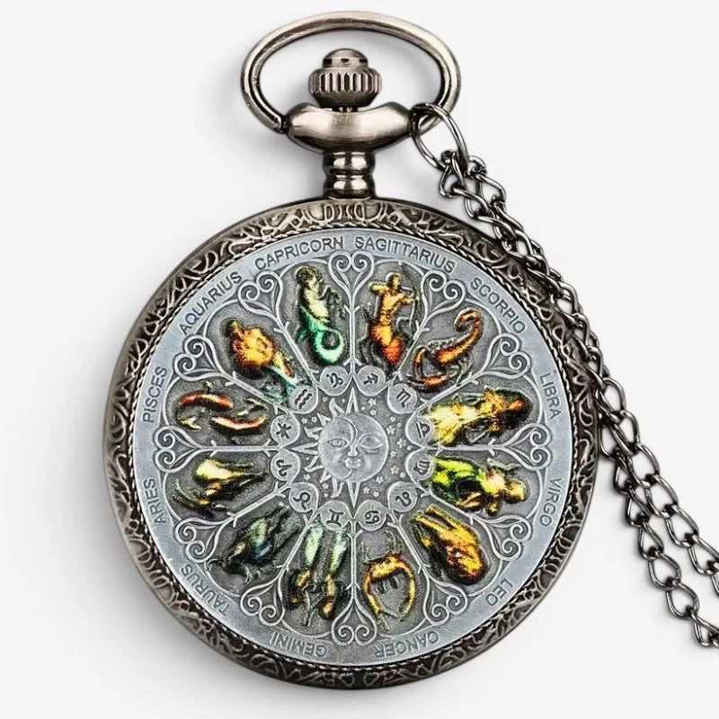 Antique silver-toned horoscope pocket watch with intricate zodiac designs and colorful metallic constellations on face