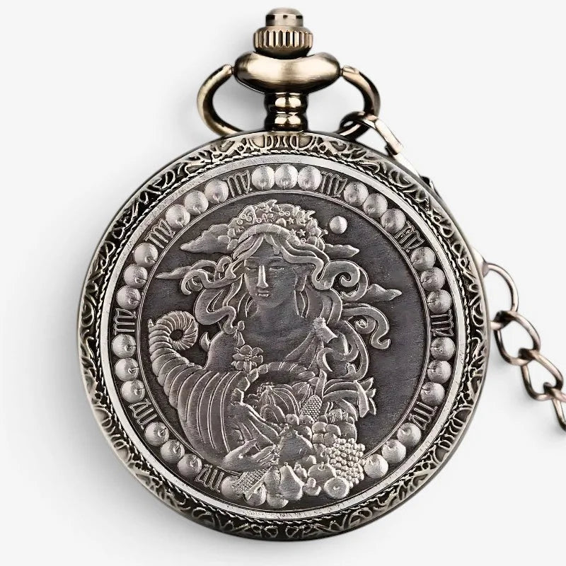 Antique silver-toned horoscope pocket watch with intricate mythological figure engraving and roman numeral dial