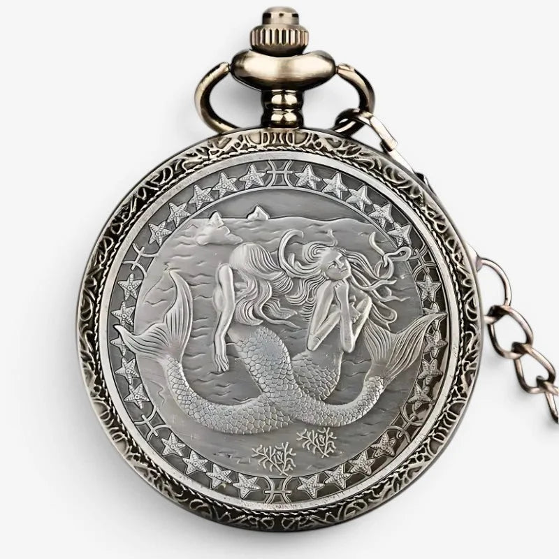Antique silver-toned horoscope pocket watch with intricately engraved mermaid design and oceanic star motifs