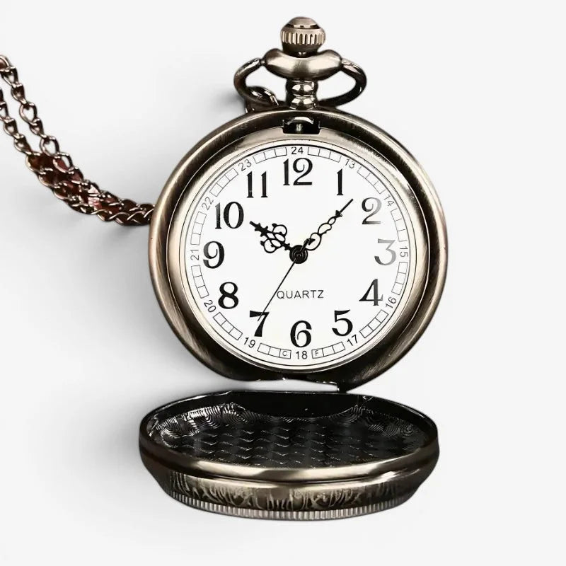 Antique-style silver-toned horoscope pocket watch with white face black arabic numerals and wearable chain