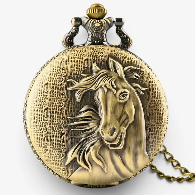 Antique brass horse head pocket watch with detailed relief textured surface ornate clasp and attached chain