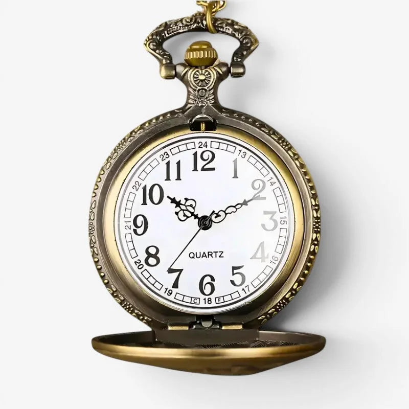 Antique brass-finished horse head pocket watch with white dial black arabic numerals hands and ornate engraved case