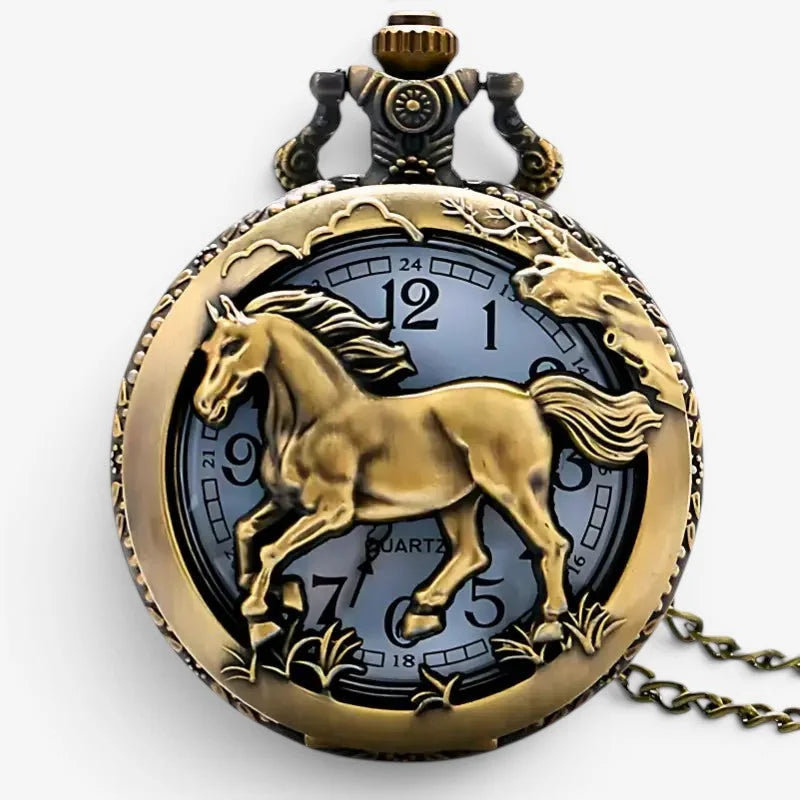 Antique brass-colored horse pocket watch with detailed golden horse sculpture black numerals and ornate chain