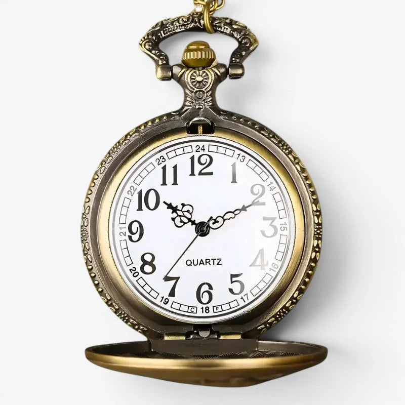 Antique brass-finished horse pocket watch with ornate detailing white dial black numerals and quartz movement