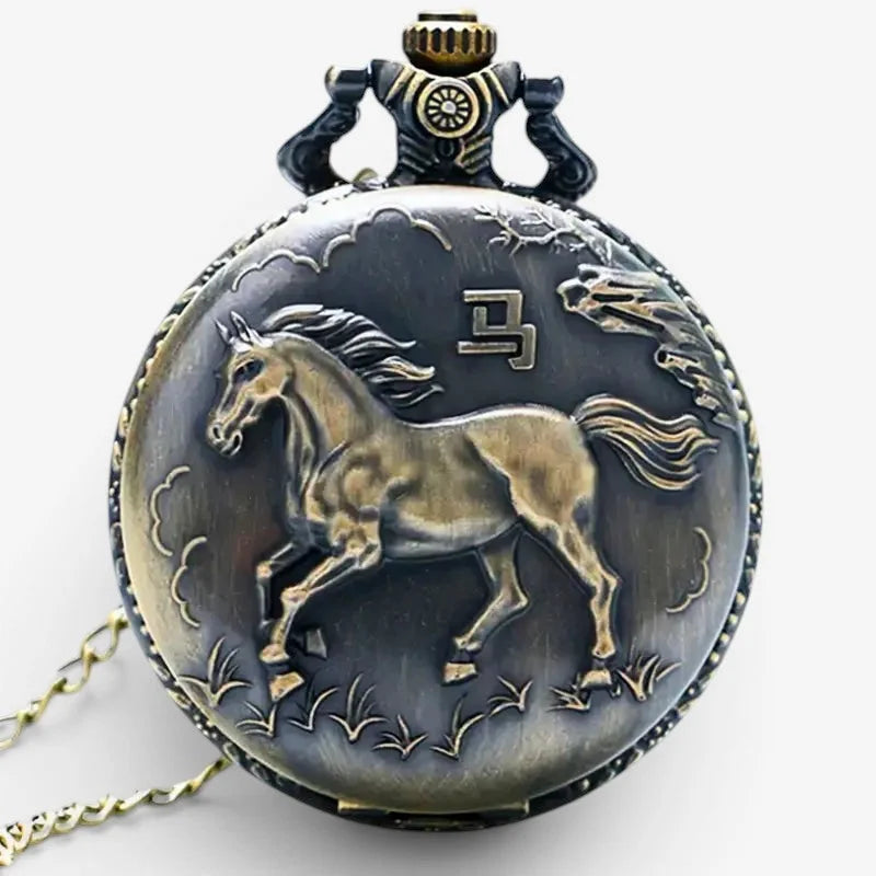 Antique-style brass and black enamel horse pocket watch with galloping horse relief chinese character and cloud motifs