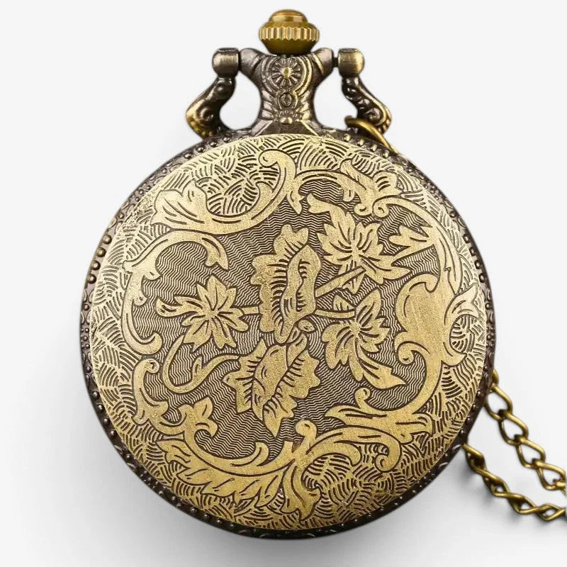 Antique-style brass horse pocket watch with intricate floral engravings and decorative chain for vintage use