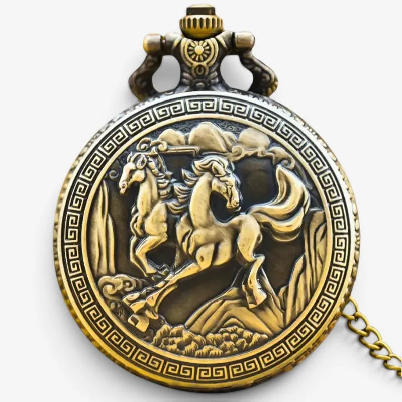 Antique-style brass horses pocket watch with a detailed relief of two galloping horses and ornate greek key border