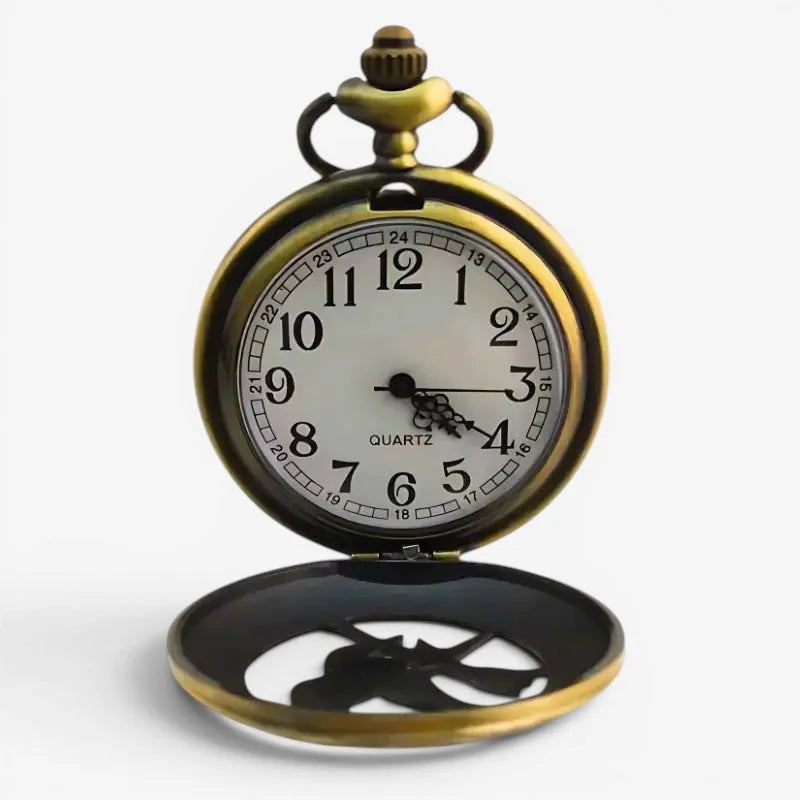 Antique brass-finished hunger games pocket watch with white dial black arabic numerals and ornate top cap