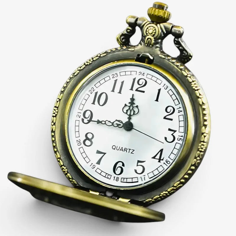 Hunter pocket watch with antique brass finish white face black arabic numerals and ornate detailed case