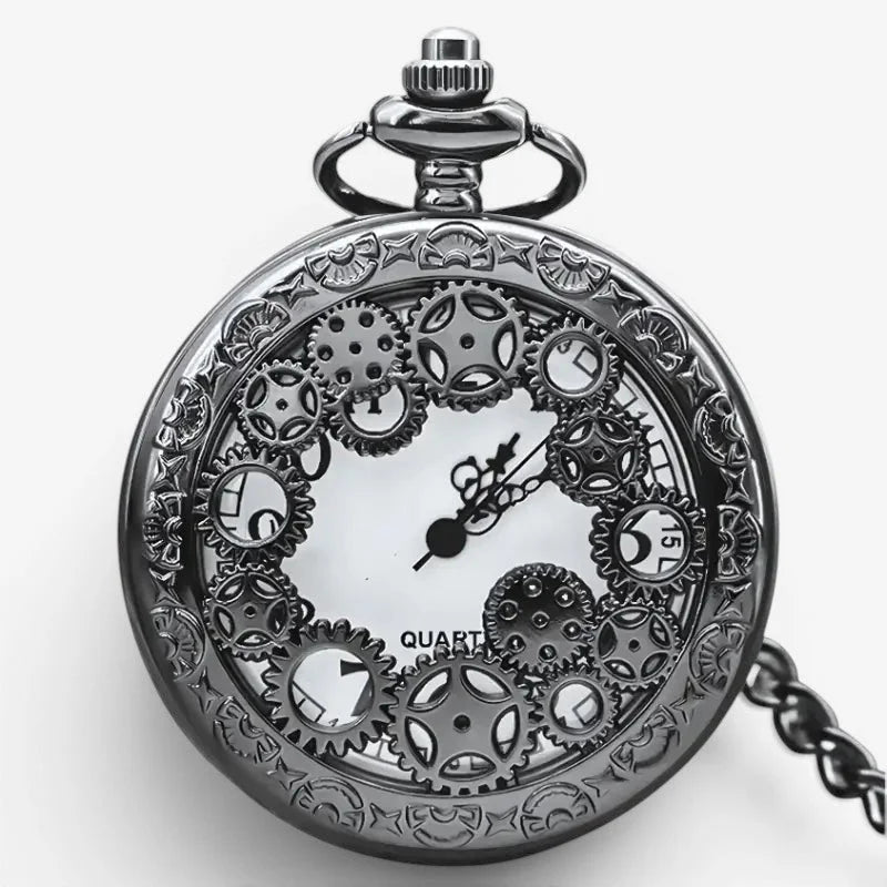 A black antique-style hunter steampunk pocket watch with intricate gearwork design and silver-toned chain