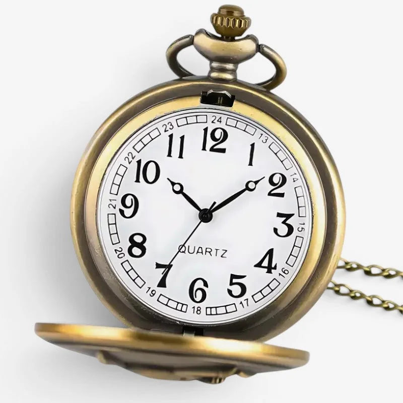 Antique brass-finished jack skellington pocket watch with white dial black arabic numerals and quartz movement