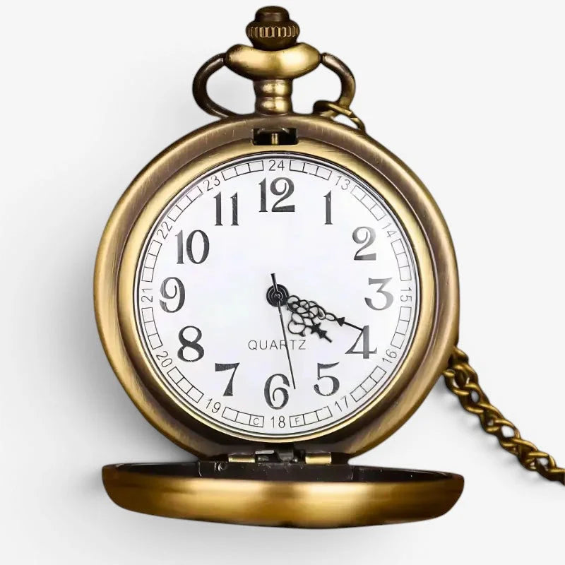 Ladies flower pocket watch with antique brass finish white dial black arabic numerals and matching brass chain