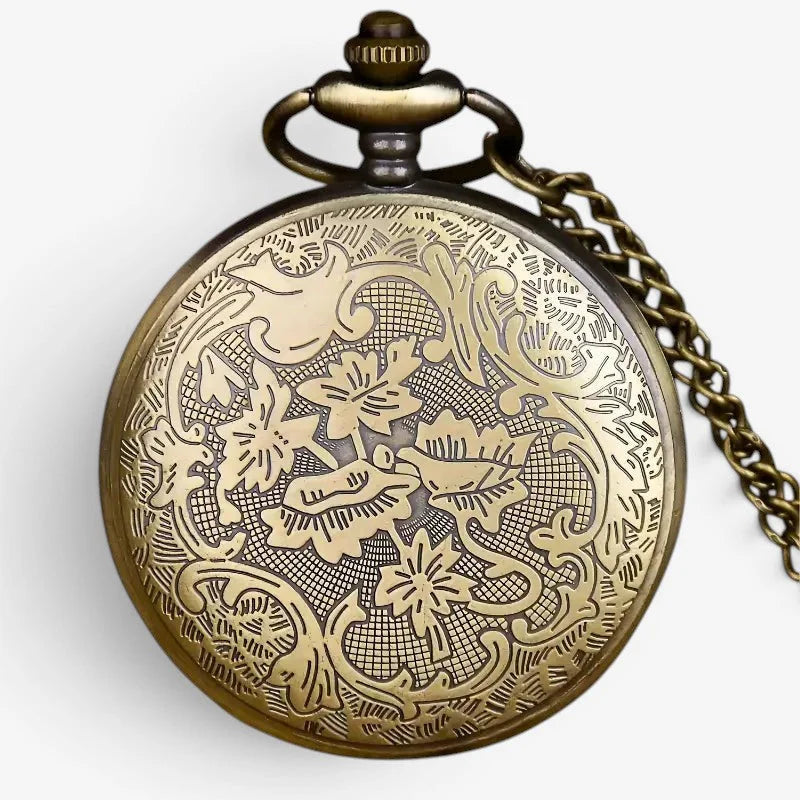 Antique brass ladies flower pocket watch with intricate floral engravings and matching chain