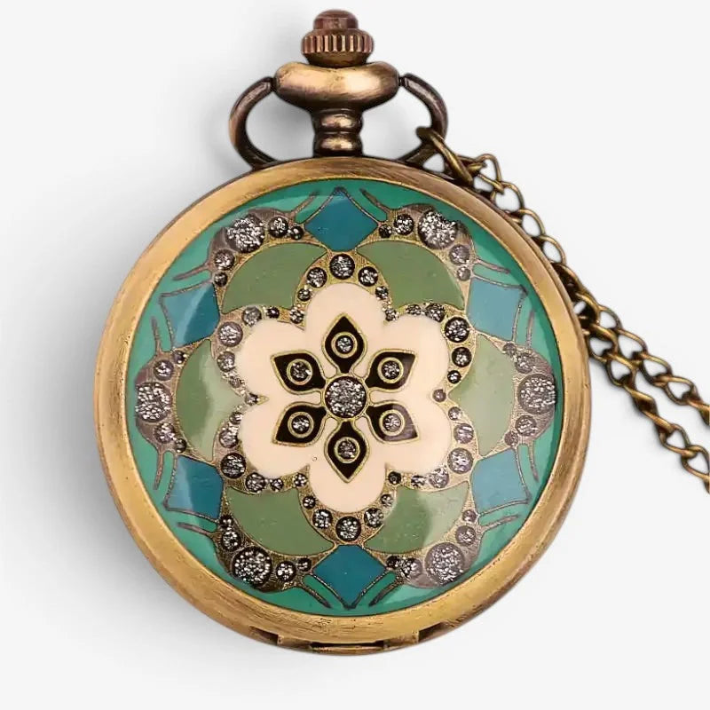 Ladies flower pocket watch antique brass with turquoise and sage green enamel face and rhinestone floral design