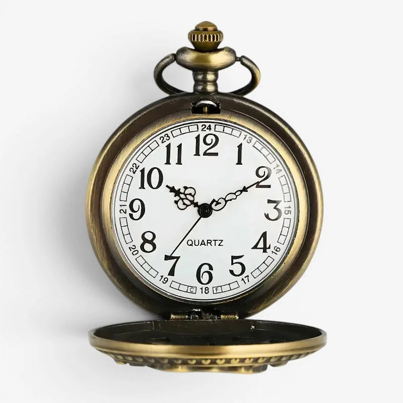 Ladies pocket watch necklace with antique brass finish, white face, black arabic numerals, and quartz movement