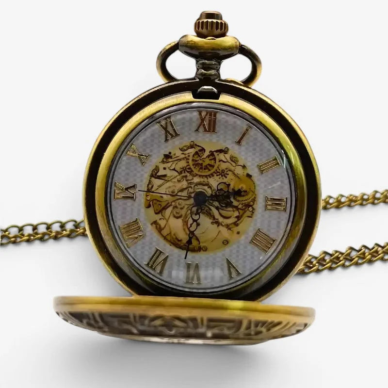 Large antique pocket watch with exposed gears roman numerals brass casing and matching gold chain suspension