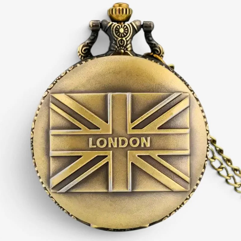 Antique brass london pocket watch with raised union jack design and ornate top cap attached chain