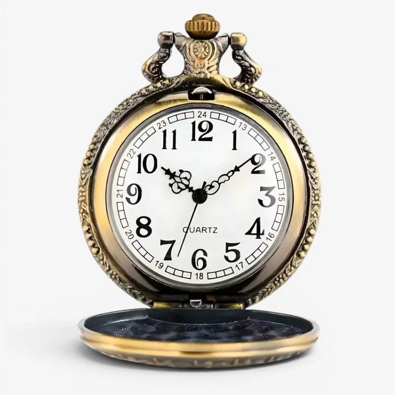 London pocket watch antique-style brass pocket watch with ornate detailing and white face featuring black numerals