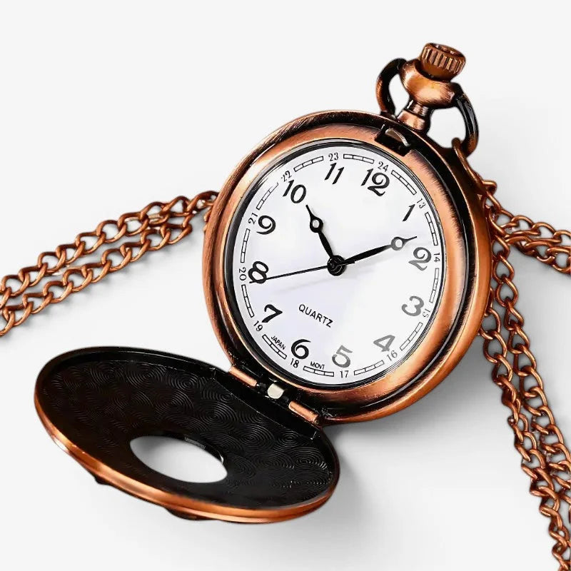Lotus pocket watch antique bronze finish with white dial black hands and numerals attached to matching chain