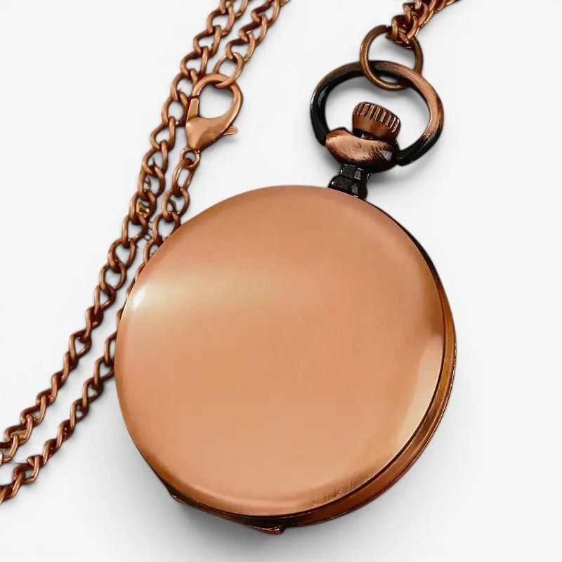 Lotus pocket watch copper-finished with heart-link chain and black enamel winding crown elegant timepiece